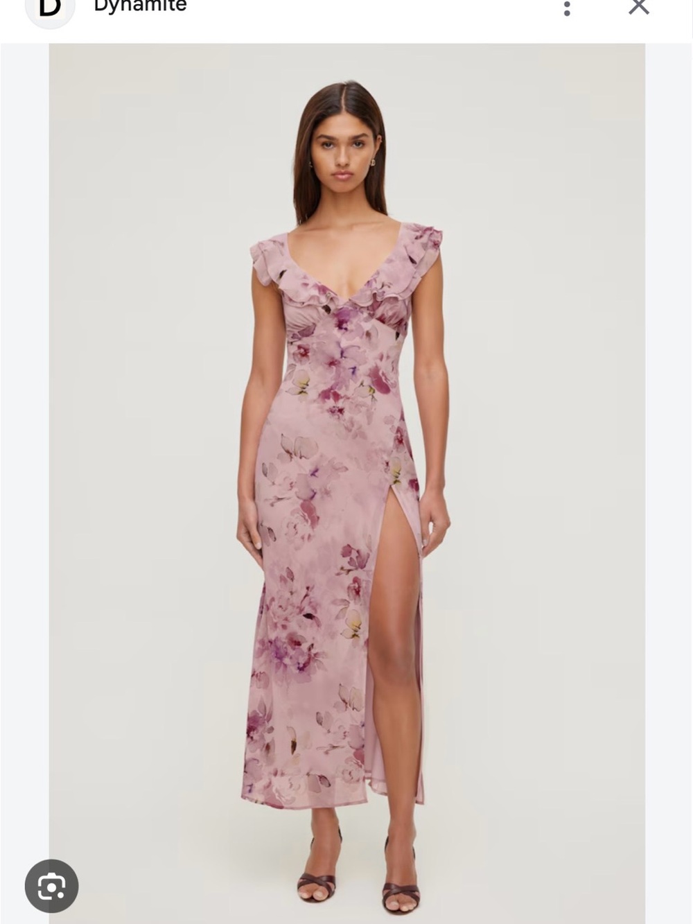 Dynamite Dusty Pink Floral Ruffle V‑Neck Maxi Dress with High Slit